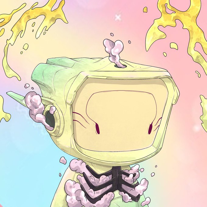 A digital illustration of a boxy robot character with a screen face surrounded by pink and yellow flames against a pastel gradient background.