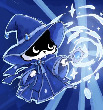 Digital illustration of a small character in a blue wizard hat and robe holding a glowing star wand against a dark blue background.