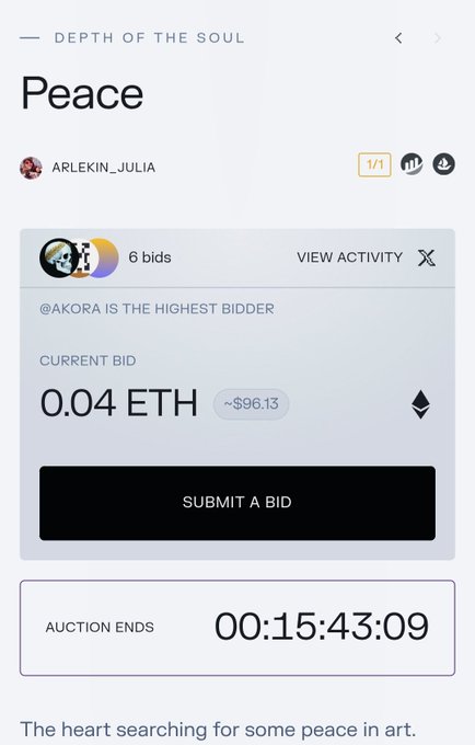 A mobile auction page titled “Peace” from “DEPTH OF THE SOUL” shows a current bid of “0.04 ETH” (~$96.13), “6 bids,” and an auction timer of “00:15:43:09.”
