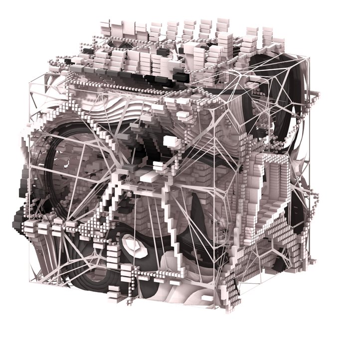 A complex 3D digital render of an intricate, cubic structure composed of interconnected geometric shapes, cubes, and circular elements in shades of gray and white.