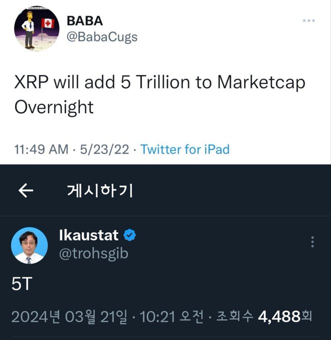 A Twitter screenshot showing a BABA (@BabaCugs) tweet claiming 'XRP will add 5 Trillion to Marketcap Overnight,' contrasted with a Korean post by @trohsgib simply replying '5T.'