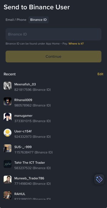 The image shows a phone screen displaying a list of names, likely from a social media platform like Instagram or Facebook. The names are arranged in a descending order based on their popularity, with the most popular ones appearing first. Below this list, there is an option for users to send money to these popular individuals using the Binance cryptocurrency exchange.