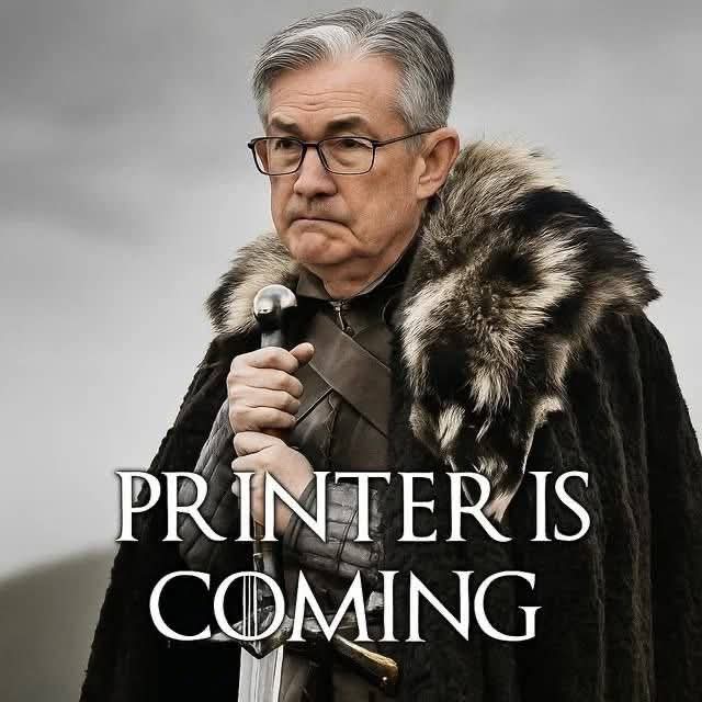A meme features a stern older man in a fur-lined cloak holding a sword, with the text 'PRINTER IS COMING' overlaid in a Game of Thrones style font.