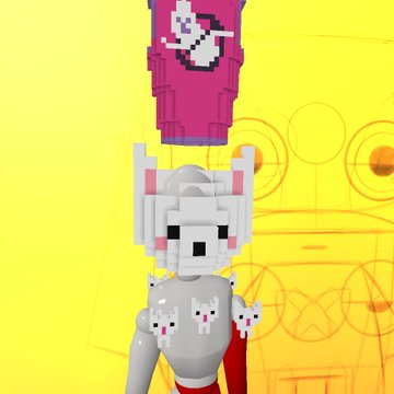 A pixel art style image featuring a character with white hair and small white creatures, with a pink banner above containing a skull and crossbones icon, set against a yellow background.