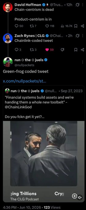 The image shows a Twitter feed with three posts, including one from David Hoffman discussing product-centricity and its impact on financial systems. The other two posts are about running the Jujos and Green code-coded tweets. The caption for the third post reads "you either understand or you will learn the real world wants shit that works."