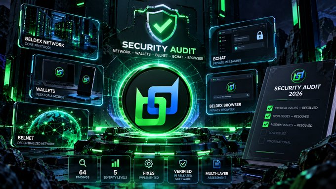 A dark-themed digital dashboard displays "SECURITY AUDIT" and "BELDEX SECURITY AUDIT 2026," showing metrics like 64 findings, 5 severity levels, and checkmarks for resolved issues across Beldex Network, Wallets, BelNet, BChat, and Beldex Browser.