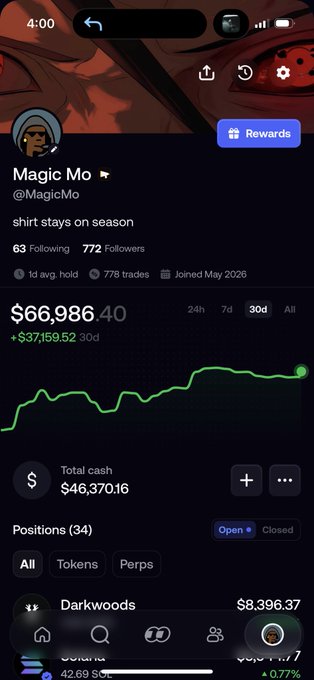 A mobile app interface shows the profile of 'Magic Mo' (@MagicMo), displaying a 30-day portfolio value of $66,986.40, a +$37,159.52 gain, and a list of open positions including Darkwoods.