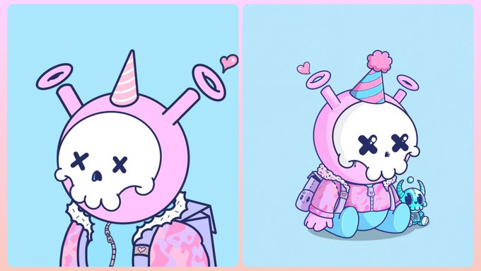 Two illustrations of a cartoon character with a skull face, halo, and unicorn horn, wearing a pink jacket with a heart logo, shown in both close-up and full-body views.