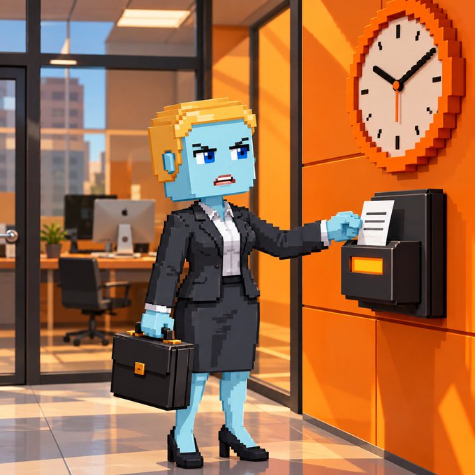 A pixel art style image of a blue-skinned woman in a business suit holding a briefcase and swiping a keycard at an office time clock.