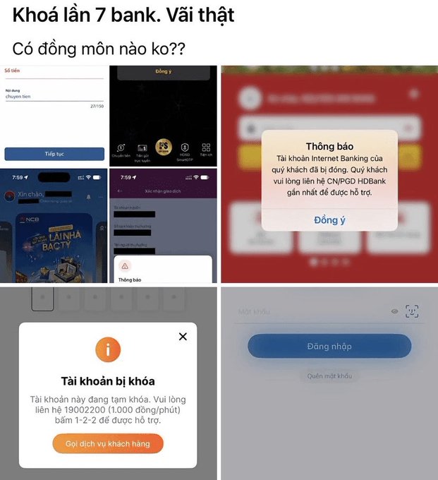 A Vietnamese social media post titled 'Khoá lần 7 bank. Vãi thật' showing screenshots of multiple locked bank and internet banking accounts with error messages.