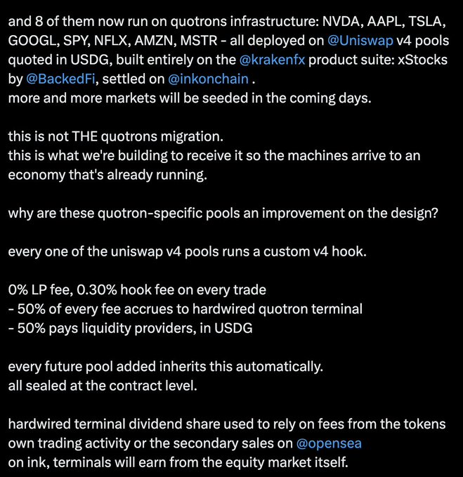 A screenshot of a tweet discussing the deployment of 8 tokenized stocks (NVDA, AAPL, TSLA, GOOGL, SPY, NFLX, AMZN, MSTR) on Uniswap v4 pools via Kraken's xStocks product, introducing custom hooks with 0% LP fees and 0.30% hook fees split between quotron terminals and liquidity providers, signaling infrastructure being built ahead of the quotron migration.