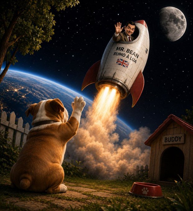 A bulldog named Buddy waves goodbye as Mr. Bean blasts off in a rocket labeled "MR. BEAN RUMO À LUA" (Mr. Bean Going to the Moon) past Earth and toward the moon, symbolizing the meme coin's moonshot trajectory.