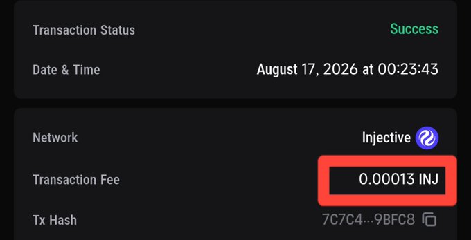 A successful blockchain transaction receipt on the Injective network dated August 17, 2026, with a transaction fee of 0.00013 INJ and a Tx Hash of 7C7C4...9BFC8.