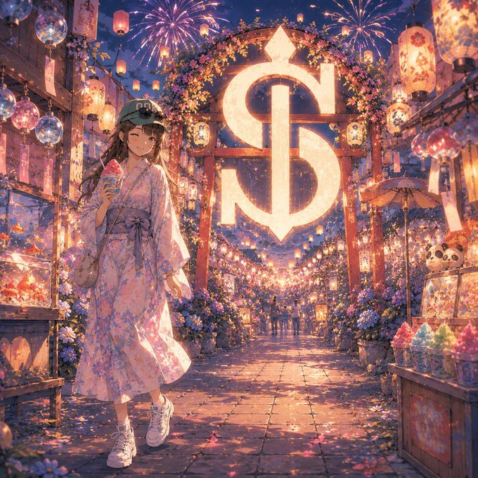 An anime-style illustration shows a girl in a floral kimono holding shaved ice in a festive lantern-lit street, with a large glowing golden dollar sign ($) in the background.