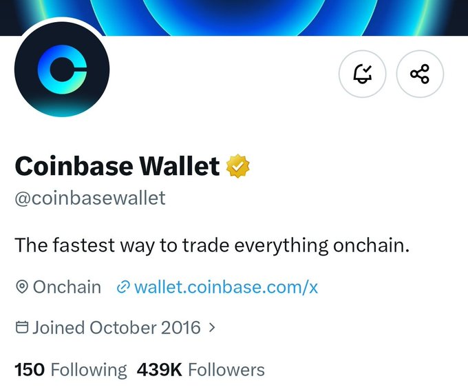 The Twitter/X profile page for Coinbase Wallet (@coinbasewallet) with a verified checkmark, bio reading 'The fastest way to trade everything onchain.', and 439K followers.