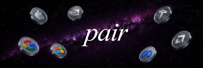 A banner with a purple cosmic background displays the word "pair" surrounded by glossy circular icons featuring logos of major tech companies (Apple, NVIDIA, Google, Microsoft, Tesla, and Meta), symbolizing the pairing of stocks with meme coins or tokens.