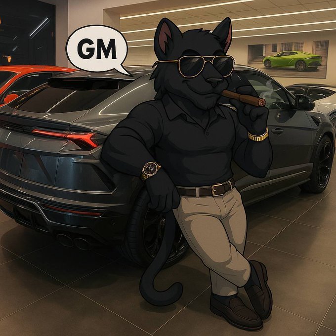 An anthropomorphic black panther character wearing sunglasses and smoking a cigar leans against a sports car in a showroom, with a speech bubble reading "GM" (Good Morning) — a visual play on the crypto slang "GM" that complements the post's morning greeting and giveaway announcement.