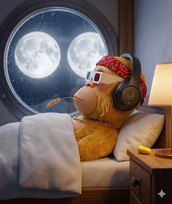 The image features a cartoon monkey wearing headphones, lying down on a bed with white sheets. The monkey appears to be listening to music or watching TV while resting comfortably. The background of the image shows a window that has two full moons visible through it, creating an interesting and whimsical atmosphere for the scene.