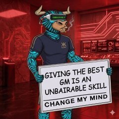 A cartoon character with horns and teal skin holds a sign reading 'GIVING THE BEST GM IS AN UNBEATABLE SKILL CHANGE MY MIND' in a red-lit server room.