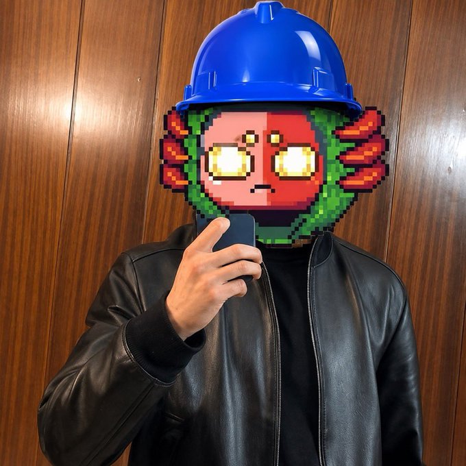 A person wearing a blue hard hat and black leather jacket takes a mirror selfie, with their face replaced by a pixelated cartoon cat featuring red skin, green leafy hair, and glowing yellow eyes—likely representing the $BASECAT meme coin mascot from the Base blockchain culture. The hard hat reinforces the "unc" (uncle) reference, signaling membership in the Base crypto community.