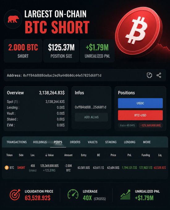 A dashboard displaying the 'Largest On-Chain BTC Short' of 2,000 BTC ($125.37M position size) with +$1.79M unrealized PnL, showing leverage at 40X cross and a liquidation price of 63,528.92.