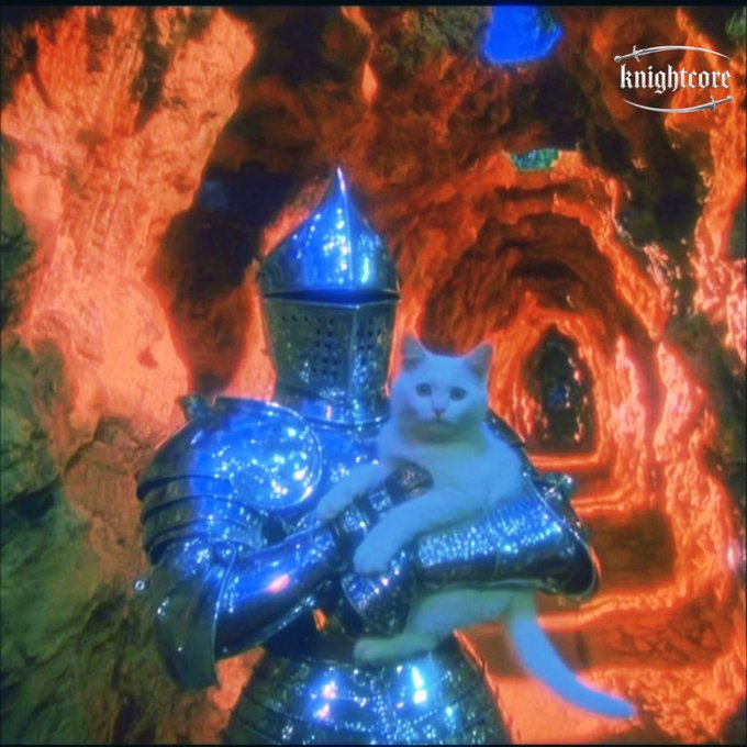 A knightcore-styled image of a knight in shining armor holding a white cat inside a glowing red/orange cave, with the 'knightcore' watermark in the corner.
