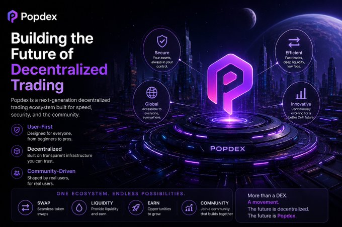 A futuristic promotional graphic for 'Popdex' features the text 'Building the Future of Decentralized Trading' alongside icons for Secure, Global, Efficient, and Innovative features.