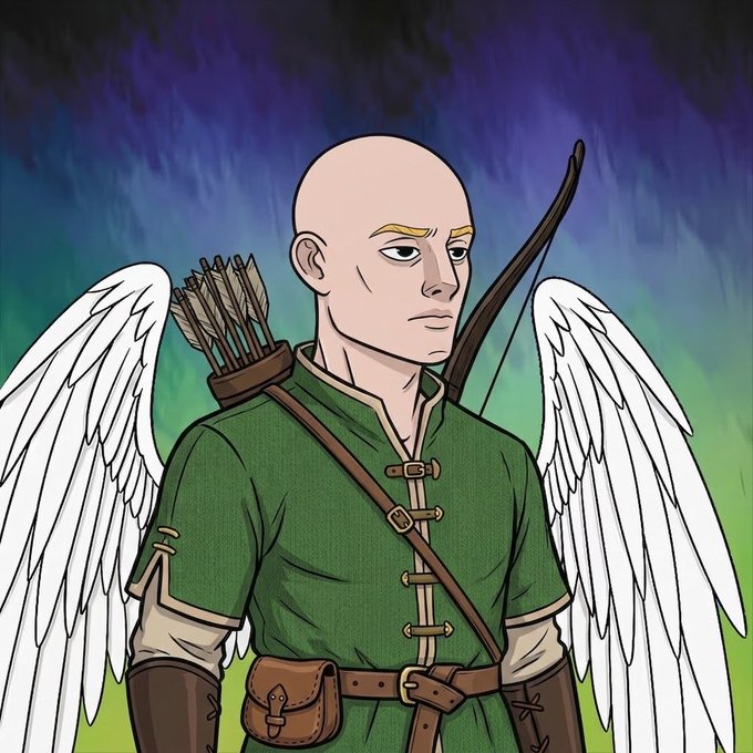 An illustration of a bald, angelic character with large white wings, wearing a green tunic with leather straps, carrying a quiver of arrows and a bow, set against an aurora-lit sky reminiscent of a fantasy story.