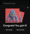 A Telegram notification from "TELEGRAM DUDE" celebrates a milestone with the message "Congrats! You got it!" featuring a jubilant blue cartoon character giving thumbs up. The image humorously reinforces the post's tone of excited disbelief about TG (Telegram-based tokens) listing below $100, mocking the "you got it!" celebration with playful exaggeration.