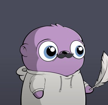 A cartoon purple creature with large blue eyes and a mustache wears a gray hoodie and holds a white feather quill.