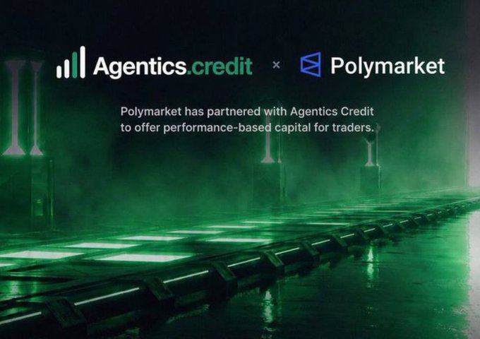 An announcement graphic stating 'Agentics.credit x Polymarket - Polymarket has partnered with Agentics Credit to offer performance-based capital for traders' over a green sci-fi background.