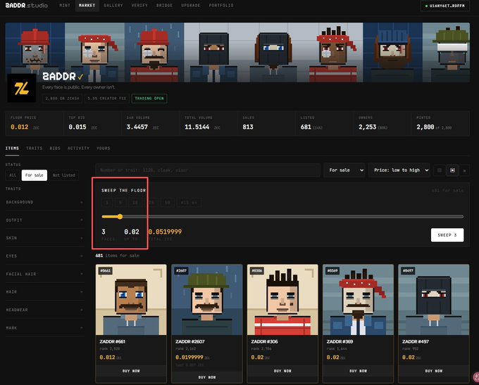 A screenshot of the "BADDR studio" NFT marketplace showing pixel-art character collectibles, with a "SWEEP THE FLOOR" tool highlighted in red.