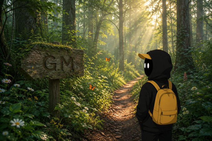 A digital illustration of an animated character wearing a yellow backpack stands on a forest path, looking toward a wooden sign that reads "GM." The image serves as a visual metaphor for the "GM" (Good Morning) greeting common in crypto communities, aligning with the optimistic sentiment of the accompanying post.