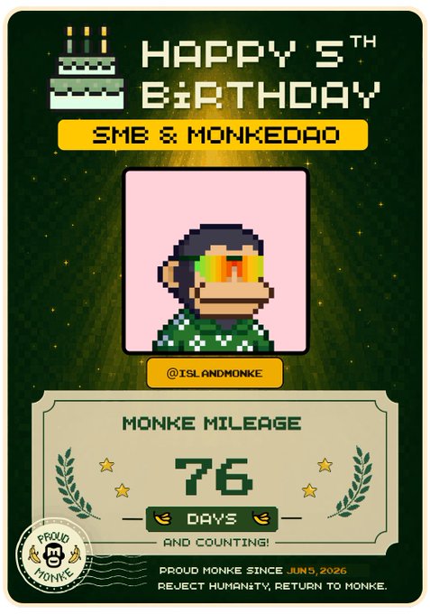 A pixel-art anniversary card celebrating a 5th birthday for "SMB & MONKEDAO" featuring a monkey character in sunglasses, with "MONKE MILEAGE 76 DAYS AND COUNTING!" and "PROUD MONKE SINCE JUN 5, 2026", tagged @ISLANDMONKE.
