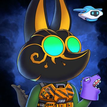 The image features a cartoon character with a dinosaur head, wearing an orange and black outfit that includes a helmet. The character has green eyes and a yellow nose. There are two other characters present in the image - one is a robot-like figure with blue eyes and a white body, while the other is a purple dinosaur with a large mouth open as if roaring or growling.

The post reads: "Some of my revealed Pepes @PepeExplorers @TrystanNFT". The character's outfit includes an orange and black helmet that has a yellow stripe on it.