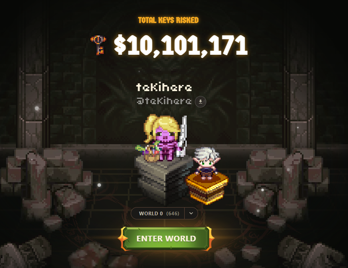 A pixel art game screen showing 'TOTAL KEYS RISED $10,101,171' with usernames 'tekihero' and 'Jtekihero' displayed above character avatars and an 'ENTER WORLD' button.