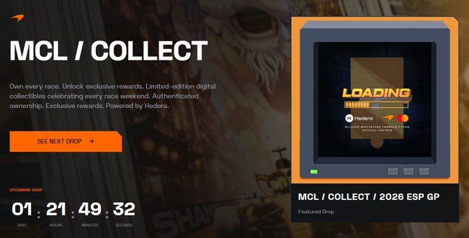 A promotional webpage for MCL / COLLECT featuring an upcoming drop countdown of 01:21:49:32 for the 2026 ESP GP, powered by Hedera.