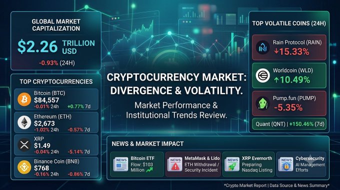 A cryptocurrency market report titled 'CRYPTOCURRENCY MARKET: DIVERGENCE & VOLATILITY' showing a global market cap of $2.26 trillion USD, with top coins including Bitcoin ($84,557), Ethereum ($2,673), XRP ($1.49), and Binance Coin ($768), along with top volatile coins like Rain Protocol (+15.33%) and Worldcoin (+10.49%).