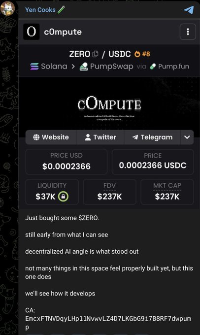 An image of someone's cellphone screen with a social media or messaging app showing an article about investing in virtual coins, specifically at Compute. The person who posted has added a caption to their post that says "I was one of the first to call $ZERO around a 237k MC. When I decide to activate degen mode, it’s easy for me to pull off plays like these. I've developed this skill over the years".
