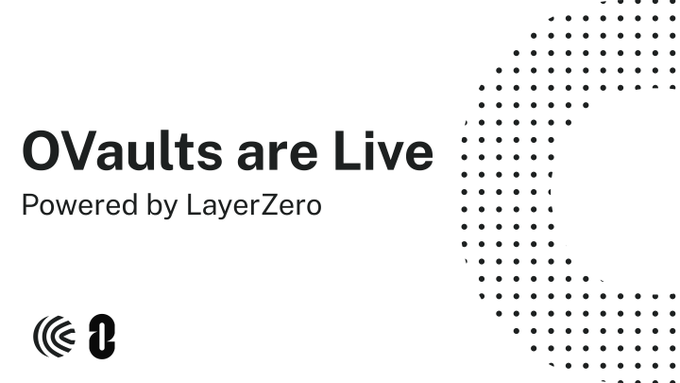 The image announces "OVaults are Live, Powered by LayerZero," featuring a stylized halftone globe and the LayerZero logo, visually reinforcing the post's message about enabling seamless cross-chain deposits and mints across Ethereum, Tempo, MegaETH, and Katana through a single unified vault.