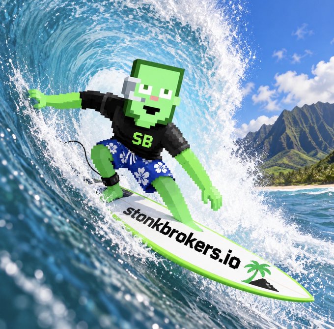 A pixelated green zombie character wearing a black shirt and Hawaiian shorts surfs a wave on a green and white surfboard labeled 'stonkbrokers.io', with mountains in the background.