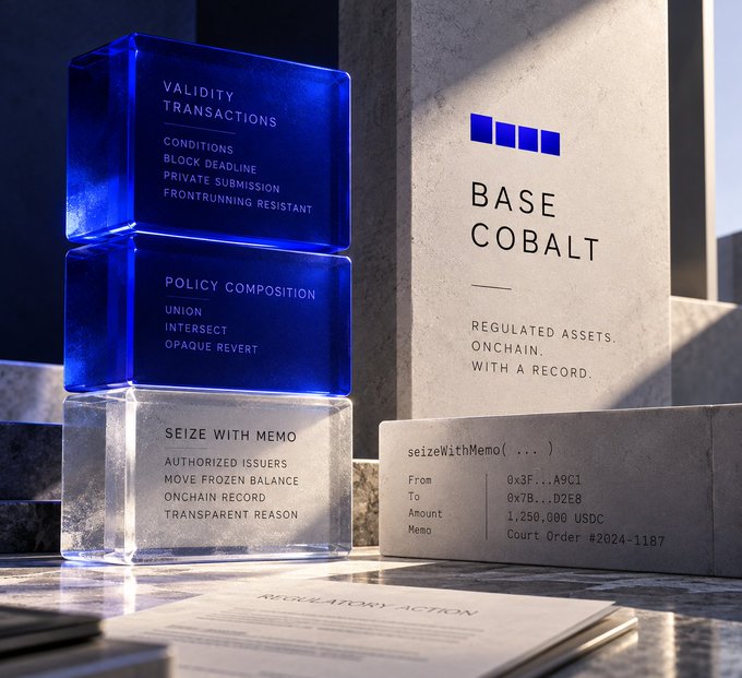 An image showcasing 'BASE COBALT' features blue translucent blocks labeled 'Validity Transactions,' 'Policy Composition,' and 'Seize With Memo' next to a concrete block displaying a 'seizeWithMemo' function for regulated onchain assets.