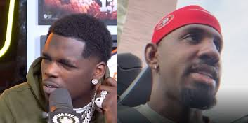The image is a split-screen showing two men in what appears to be a podcast or interview setting, possibly representing crypto platforms "FOMO" and "Pump.fun" as mentioned in the accompanying post. On the left is a man with a diamond earring wearing a green hoodie and silver chain, speaking into a microphone, while on the right is a man wearing a red beanie, appearing to be on a video call. The "FOMO vs Pump.fun" framing suggests the two individuals may be representatives or figures associated with these competing crypto/trading platforms.