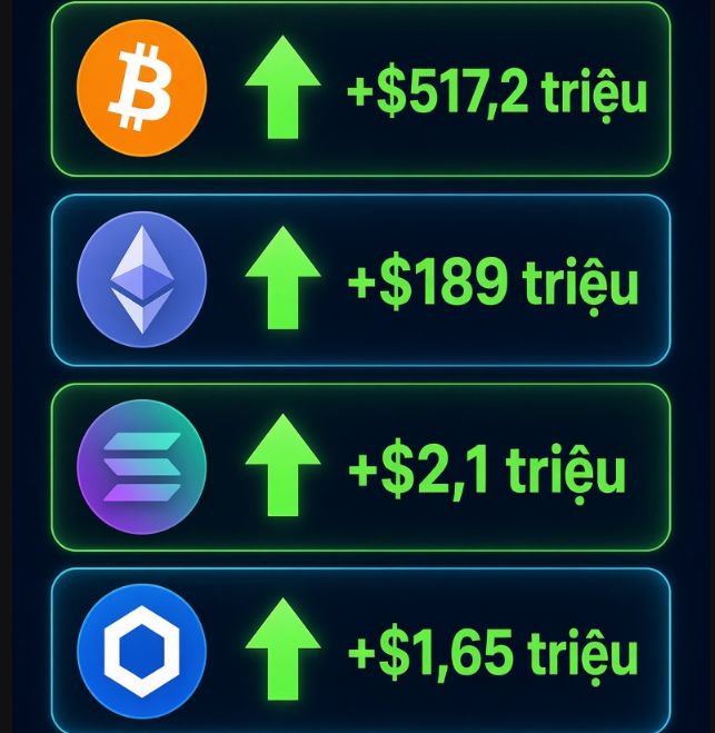 A digital graphic showing cryptocurrency price increases with green upward arrows, displaying Bitcoin (+$517.2 triệu), Ethereum (+$189 triệu), Solana (+$2.1 triệu), and Chainlink (+$1.65 triệu).