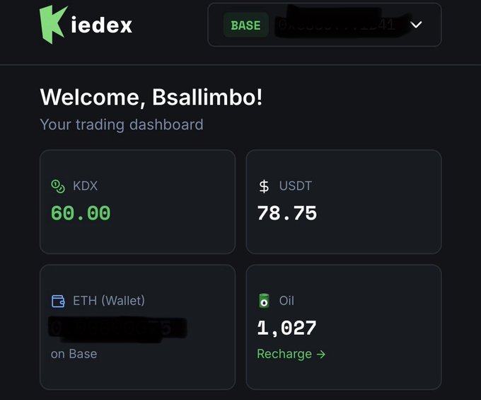 The image shows a screenshot of the Kiedex trading app with various data displayed. There are several key items such as an alert saying "Just started trying out", which indicates that someone has just joined the platform or is exploring the app. The text on the screen says "Welcome, Bsallimbo!", which suggests that the user should be friendly and welcoming to others on the platform. The app also displays information about fees for trading oil, gas, and Bitcoin. This may include costs associated with buying, selling, or storing these digital assets. Overall, the image conveys a sense of newness and potential for users who are interested in exploring the Kiedex trading app's features and benefits.