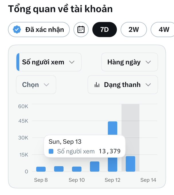 A Vietnamese-language analytics dashboard titled "Tổng quan về tài khoản" showing a bar chart of daily viewers, with Sunday, Sep 13 at 13,379 views highlighted.