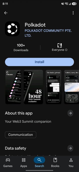 iphone screen displays a black background with the Polkadot Community Pte app, featuring a white header and blue footer, accompanied by icons for 100 downloads, 100 down load time, and a data safety option.