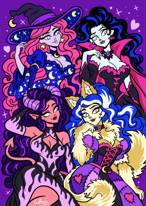 An illustration of four gothic-style female characters in elaborate costumes including witch hats and a fox-eared outfit, with colorful hair, signed by the artist Gothsa.