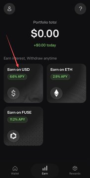A crypto wallet app interface shows a portfolio total of $0.00 with options to earn 6.6% APY on USD, 2.9% APY on ETH, and 11.2% APY on FUSE, with a red arrow pointing to the USD option.