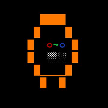 A minimalist pixel-art orange robot figure with circular red and blue eyes and a dotted mouth area on a black background.